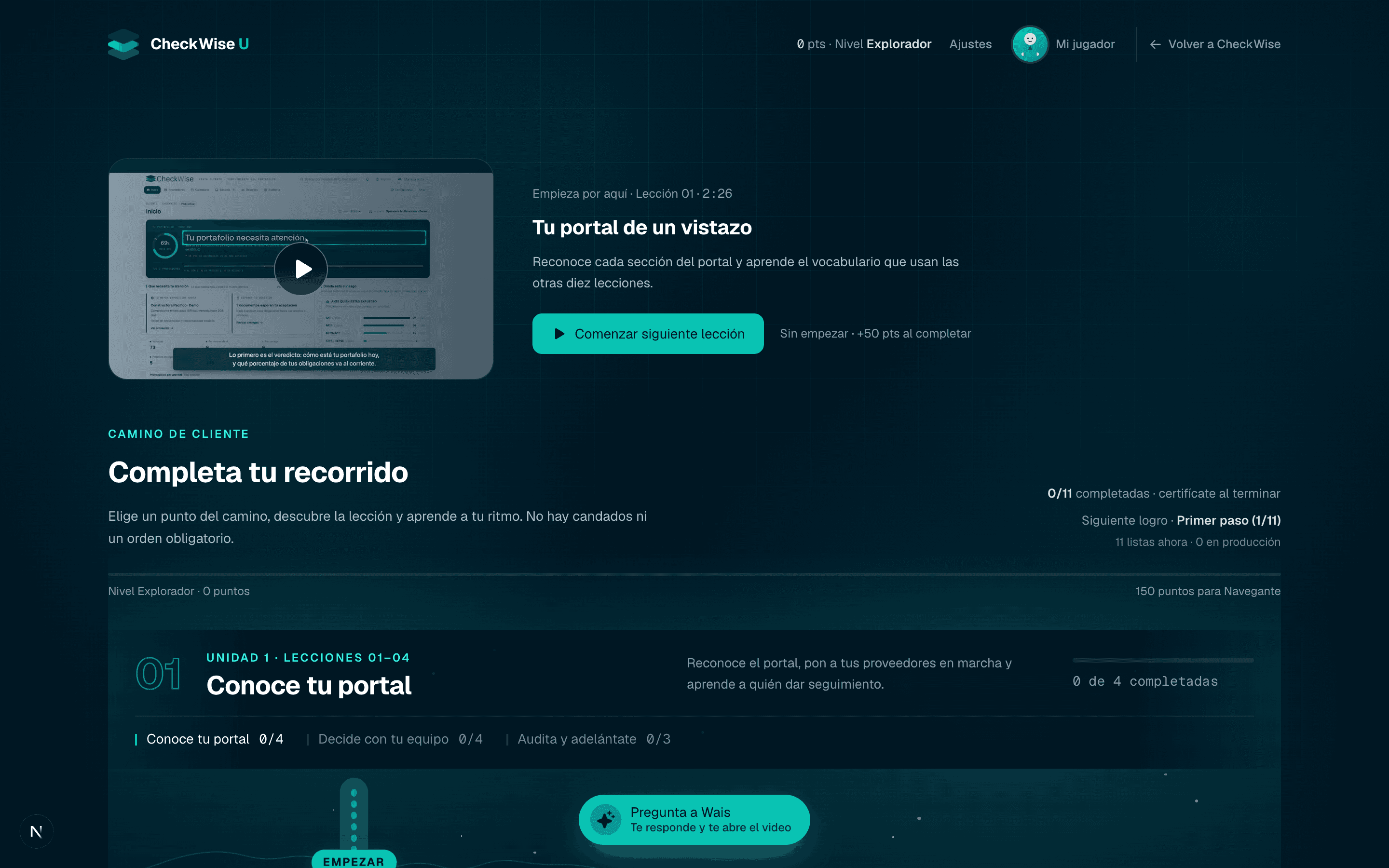 CheckWise U: el tablero de aprendizaje del cliente. Cuatro lecciones de la primera unidad, cada una con su video, unidas por un camino con preguntas de control entre ellas.