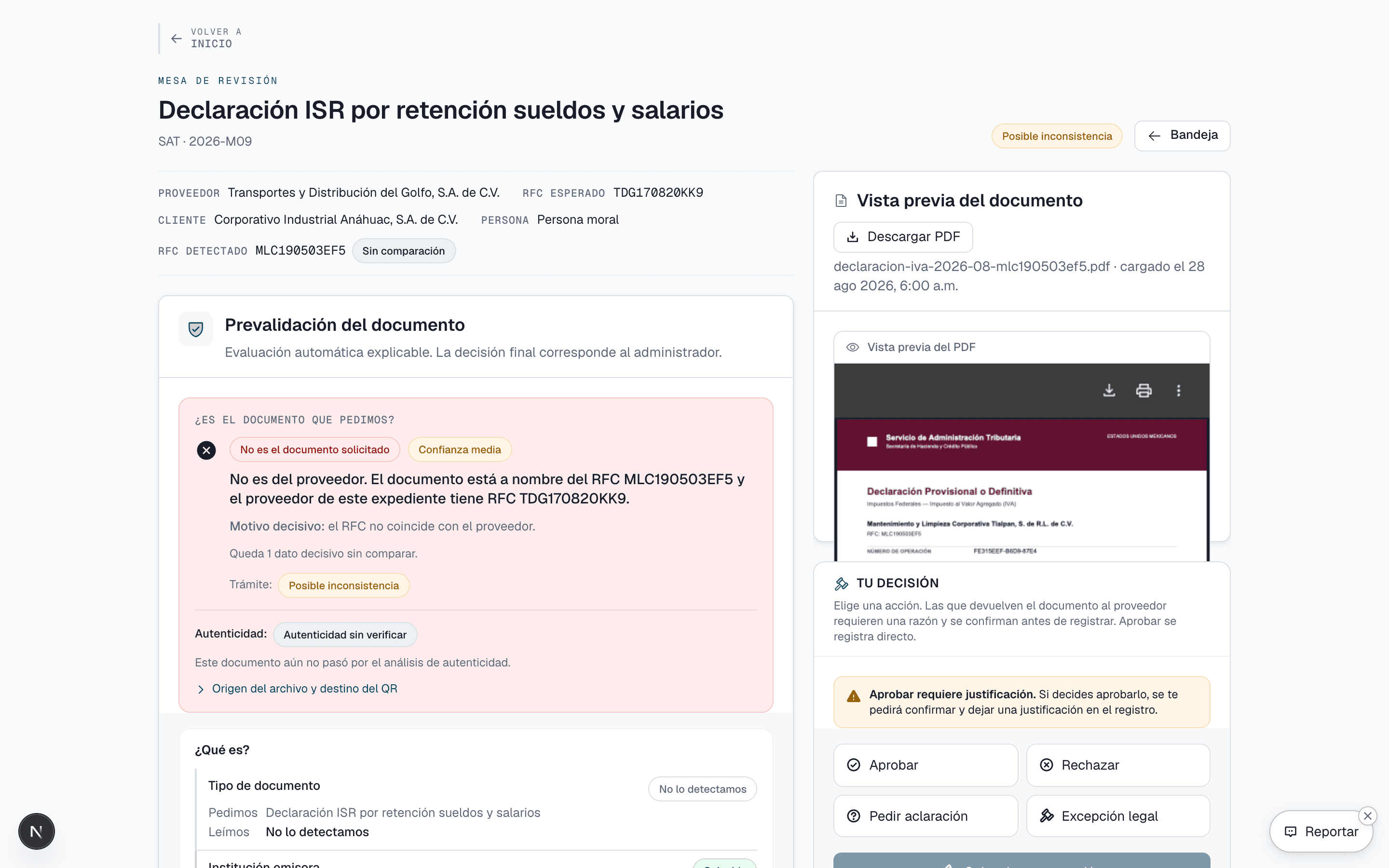 Mesa de revisión: el documento queda marcado como «No es el documento solicitado», con el RFC leído contra el RFC esperado y el motivo decisivo escrito.