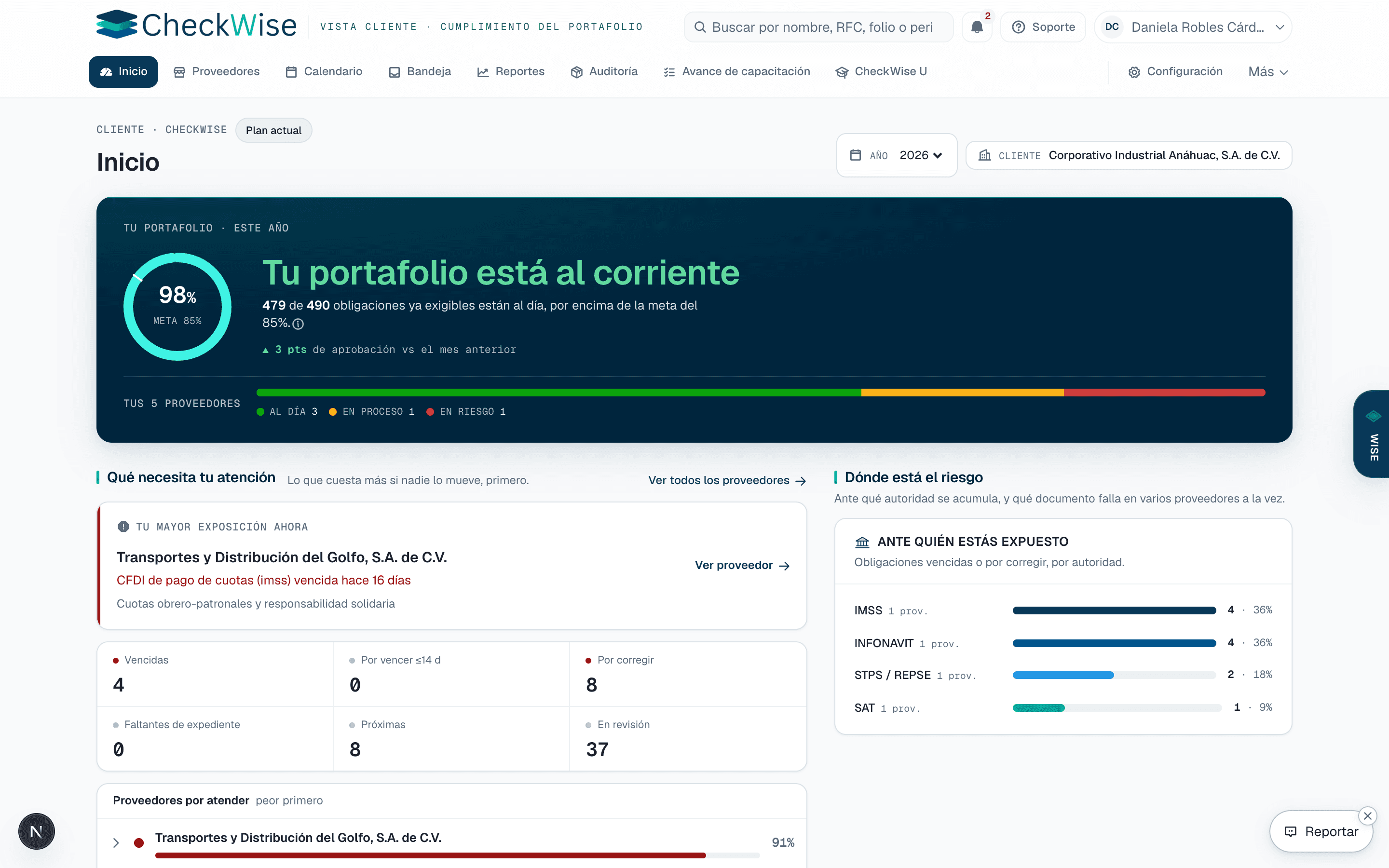 Resumen del cliente en CheckWise: obligaciones al día, exposición del portafolio y los proveedores que requieren atención.