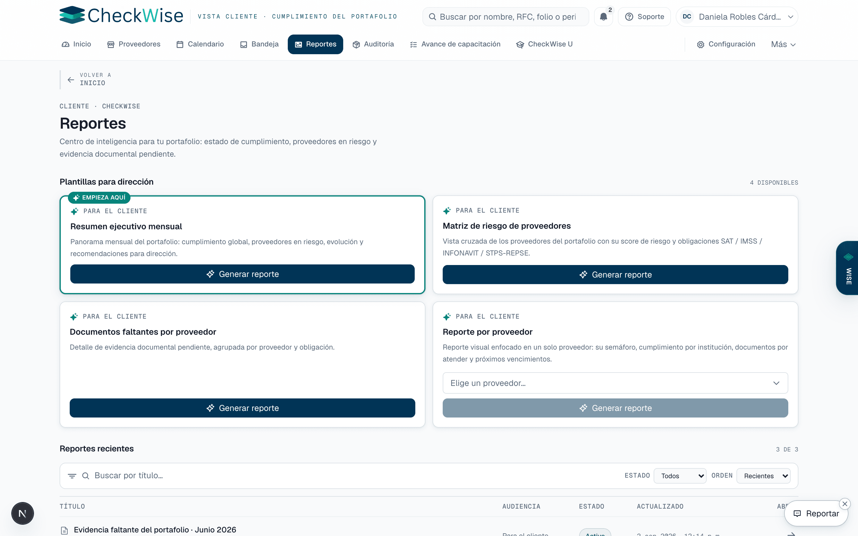 Reporte de cumplimiento REPSE generado por CheckWise: resumen ejecutivo mensual con qué encontramos, cumplimiento global y los proveedores que necesitan acción.