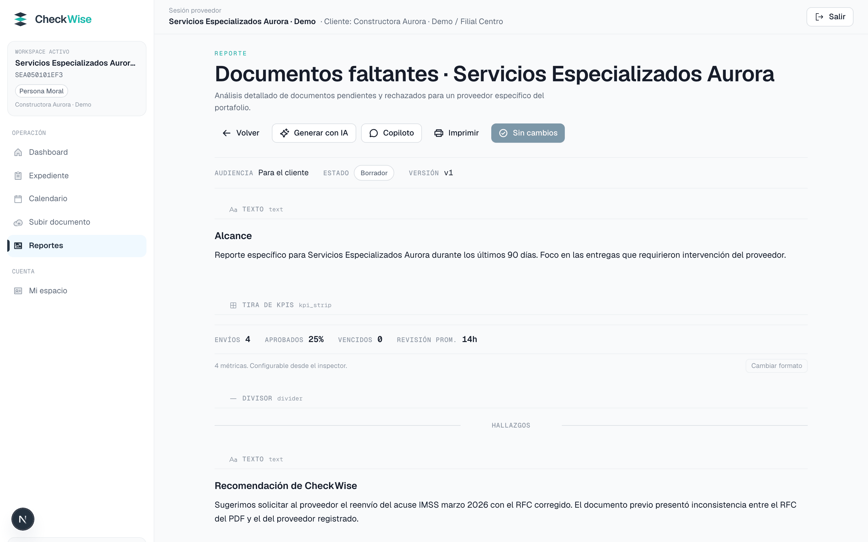 Editor de reportes CheckWise: paquete auditable con trazabilidad firmada.