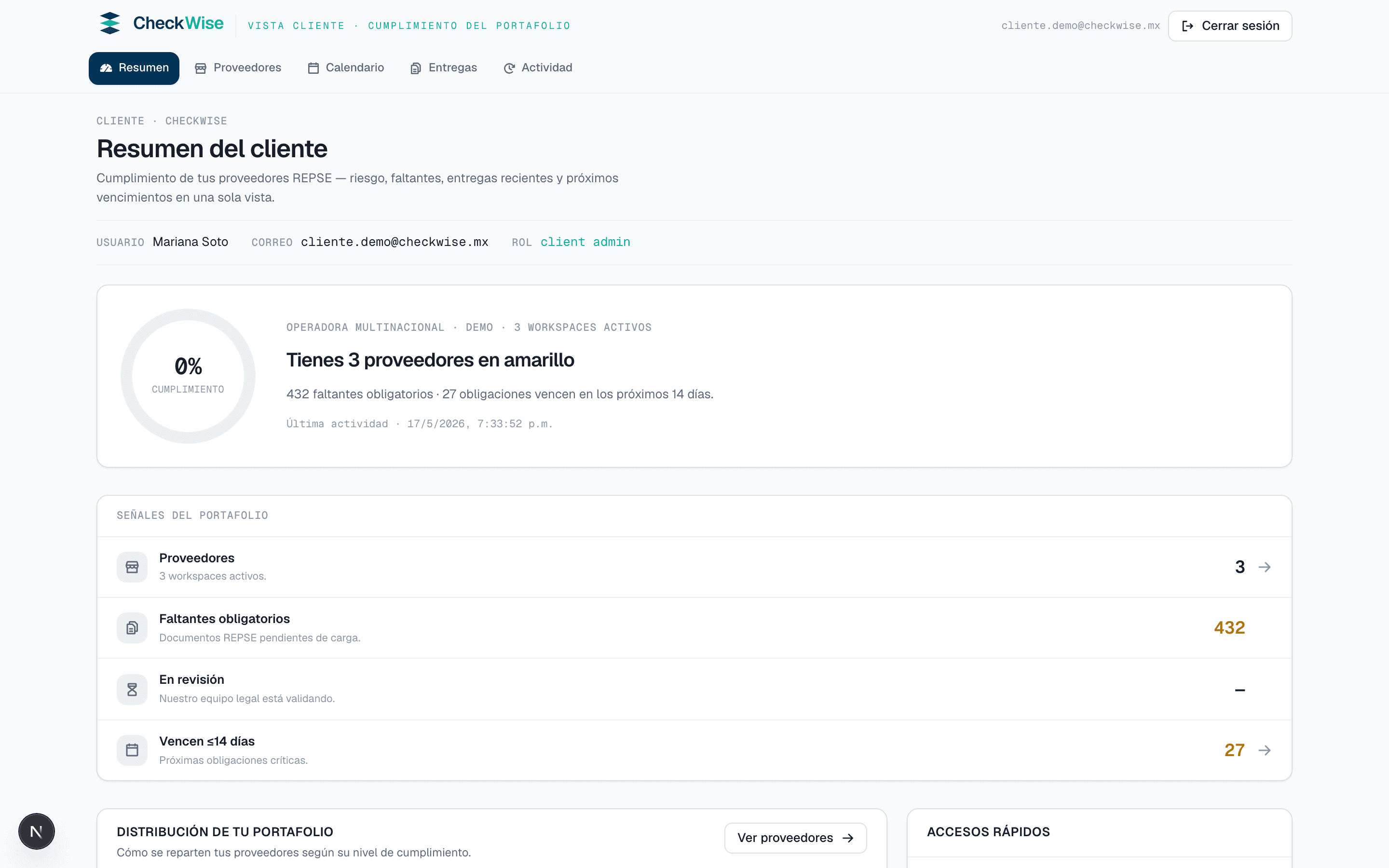Vista cliente: portafolio de proveedores en semáforo.