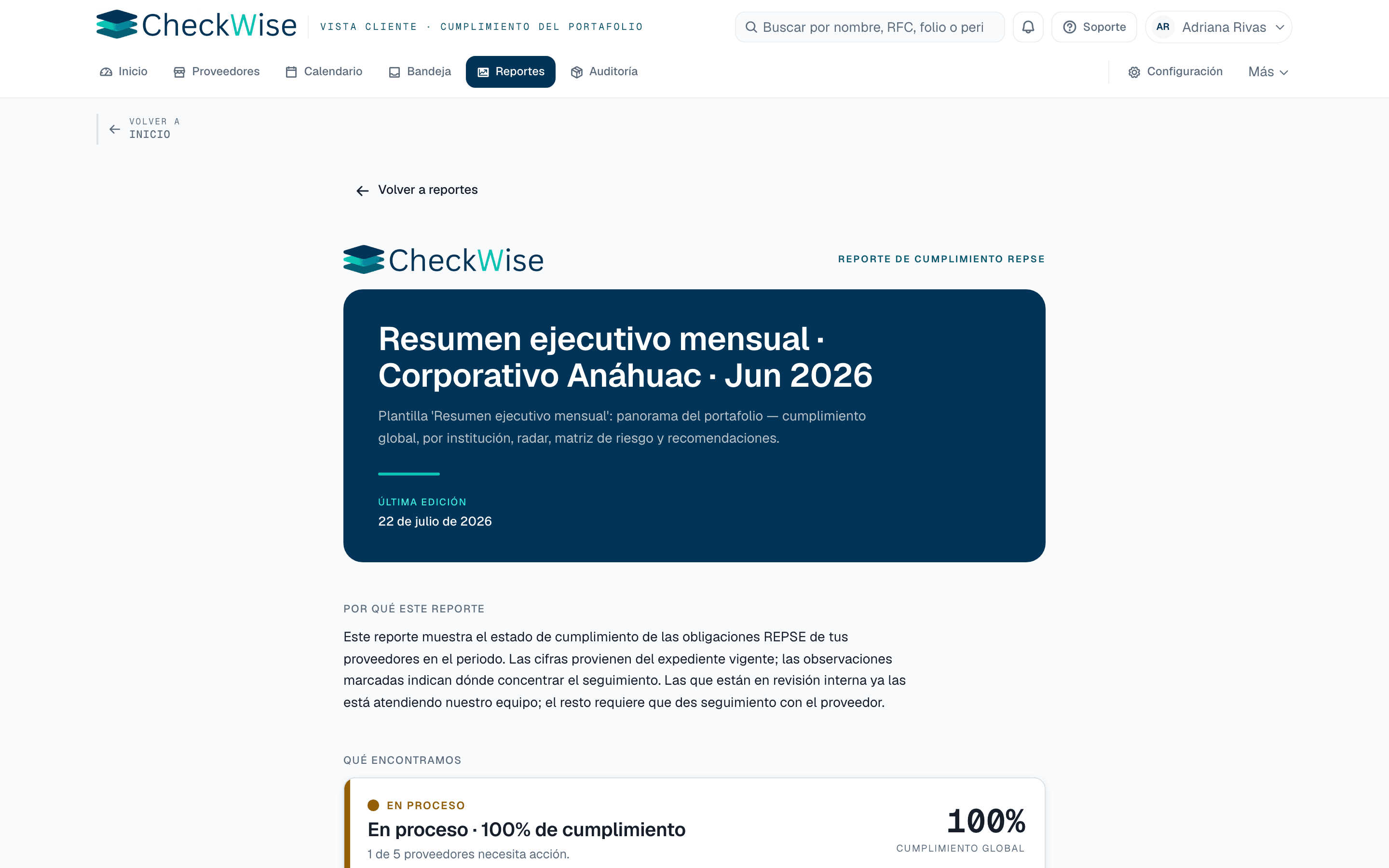Reporte de cumplimiento REPSE generado por CheckWise: resumen ejecutivo mensual con qué encontramos, cumplimiento global y los proveedores que necesitan acción.