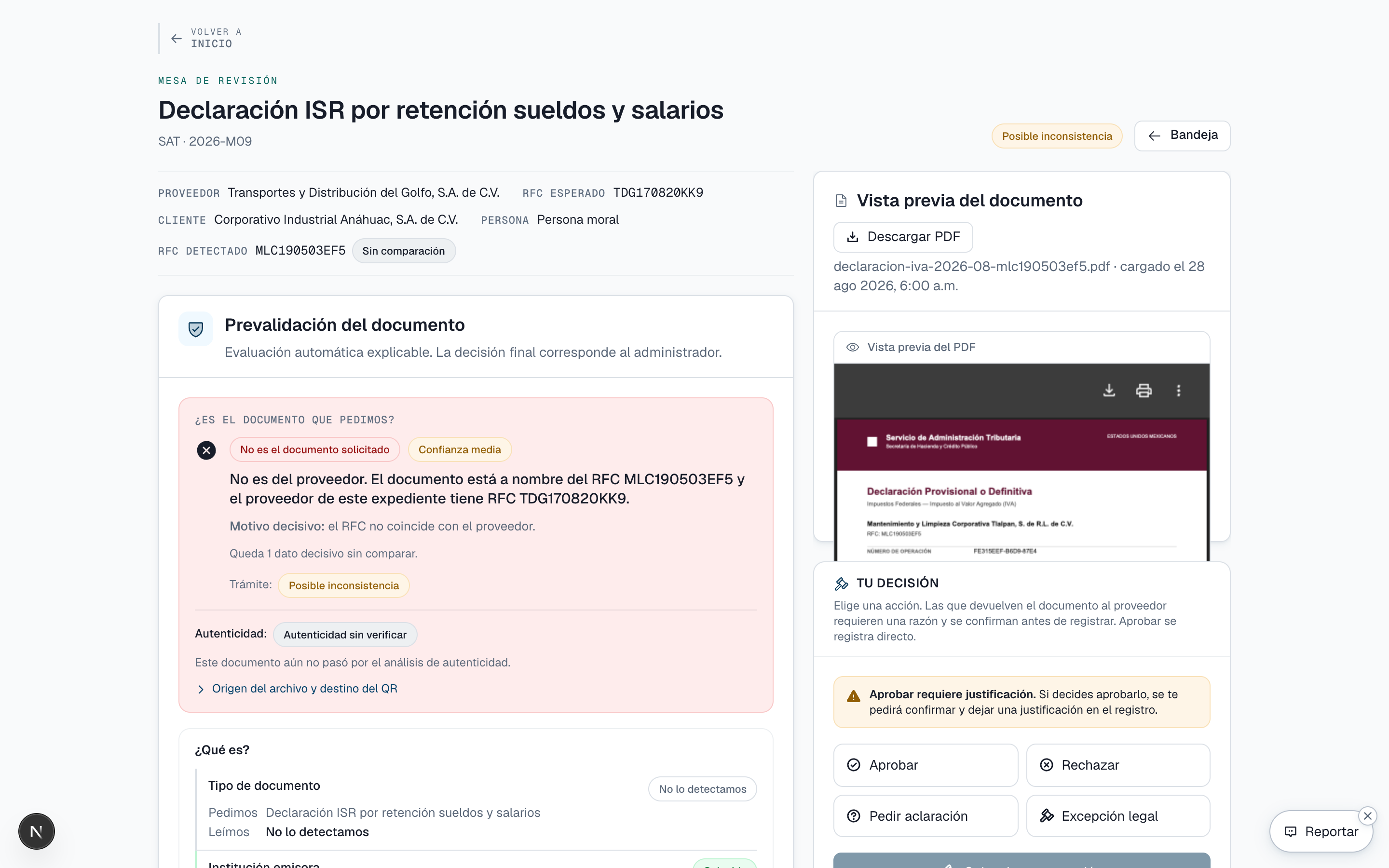 En esta revisión, el RFC del documento no coincide con el proveedor. El responsable revisa el hallazgo antes de decidir.
